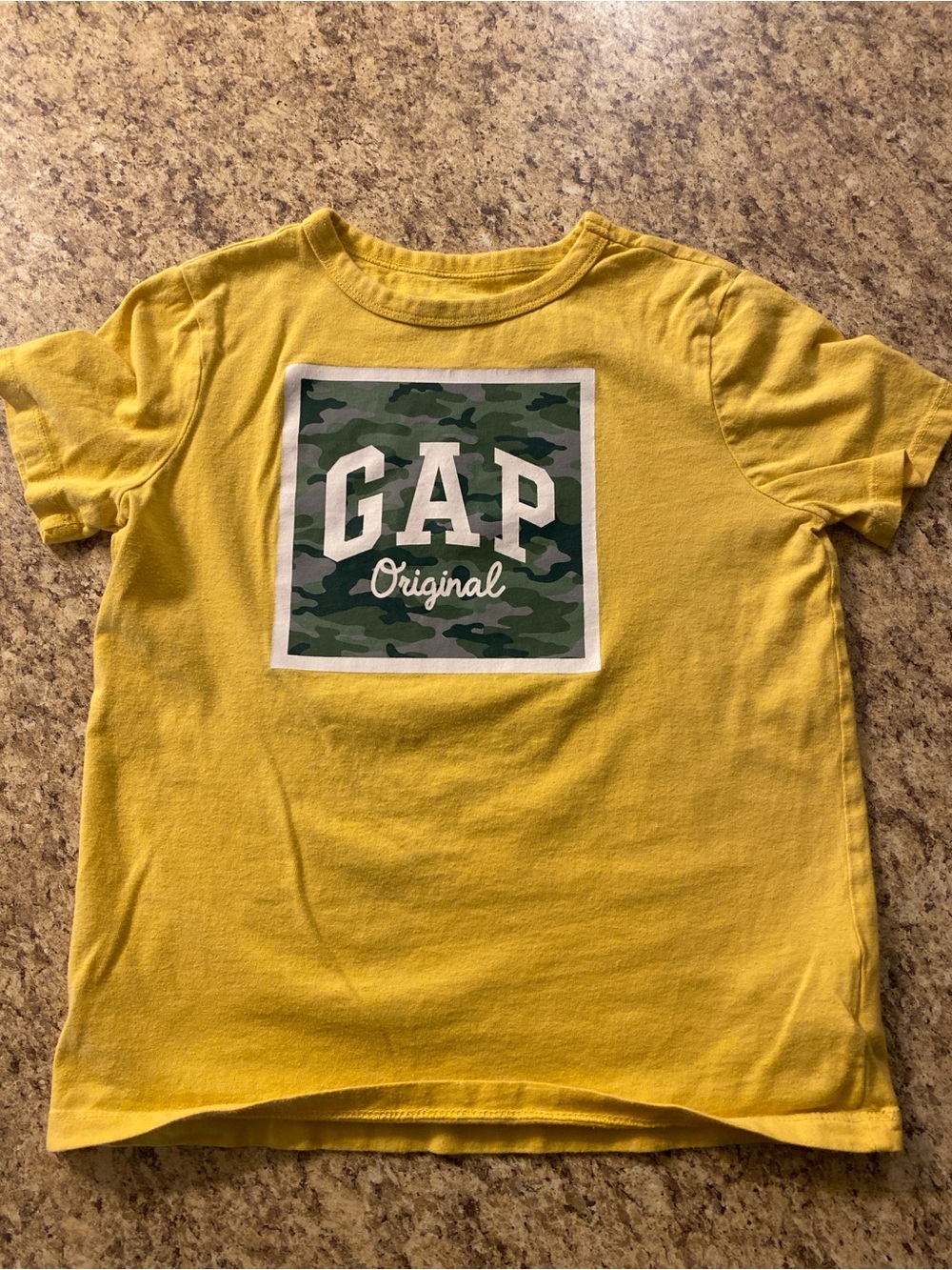 GAP Yellow Tee with Green Camo Logo